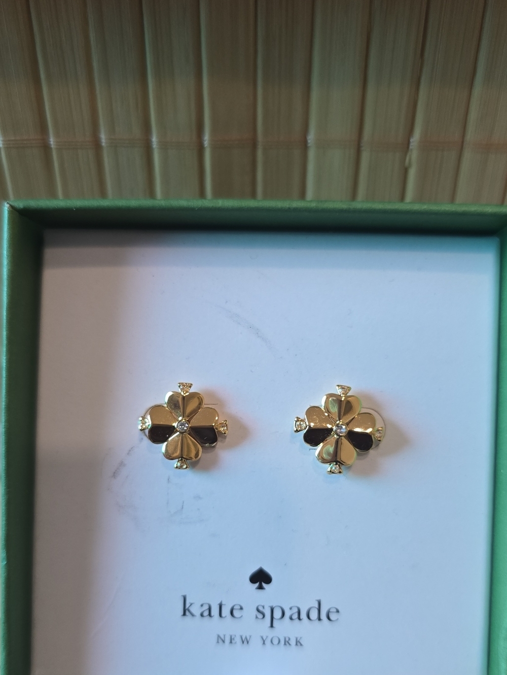 kate spade gold-tone clover stud earrings with clear crystals